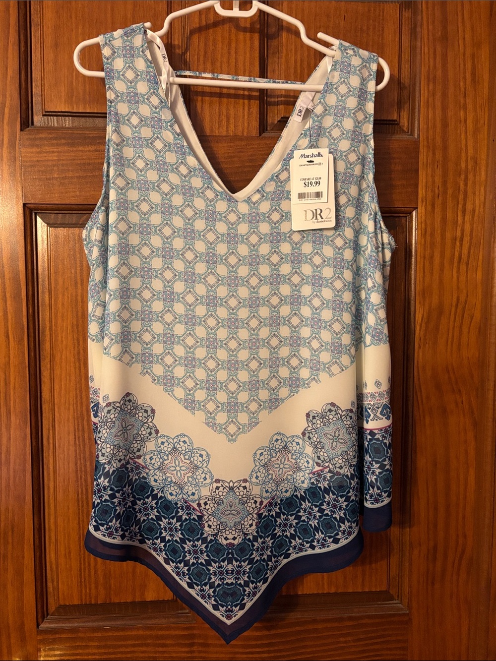 DR2 Blue & White Printed Sleeveless V-Neck Tank